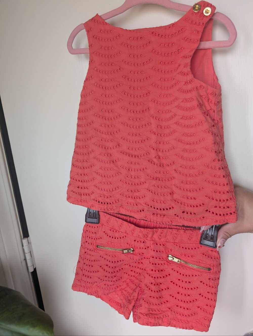 Eyelet Coral Matching Blouse And Short Set With Gold Accents  2T